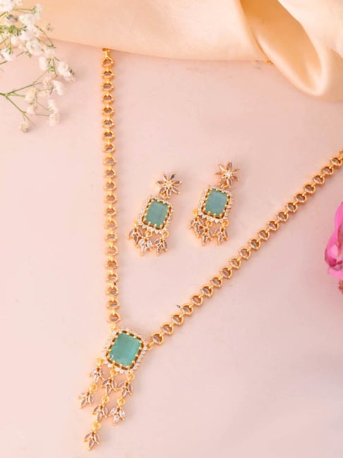 VOJ Gold Plated AD-Studded Sea Green Stone Jewellery Necklace With Earrings Set-image-8