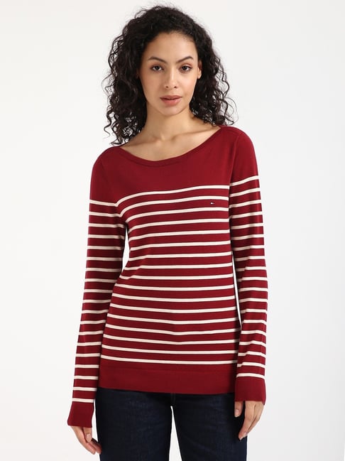 Tommy Hilfiger Maroon & White Cotton Regular Fit Striped Sweater-image-30