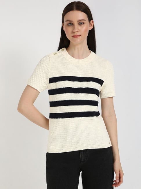 Tommy Hilfiger Beige & Black Cotton Regular Fit Striped Sweater-picture-16