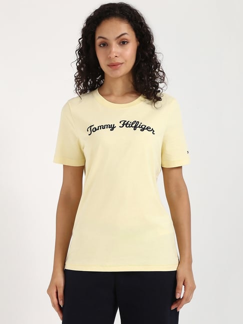 Tommy Hilfiger Yellow Cotton Regular Fit Logo Printed T-Shirt