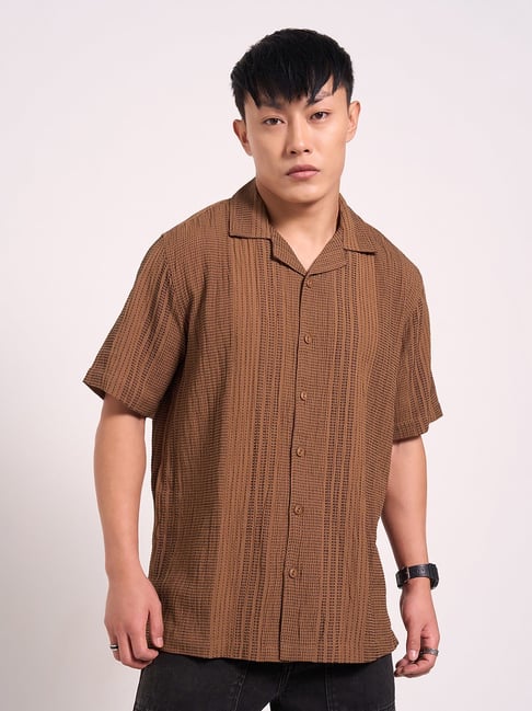 People By Pantaloons Brown Cotton Slim Fit Self Pattern Shirt-picture-13