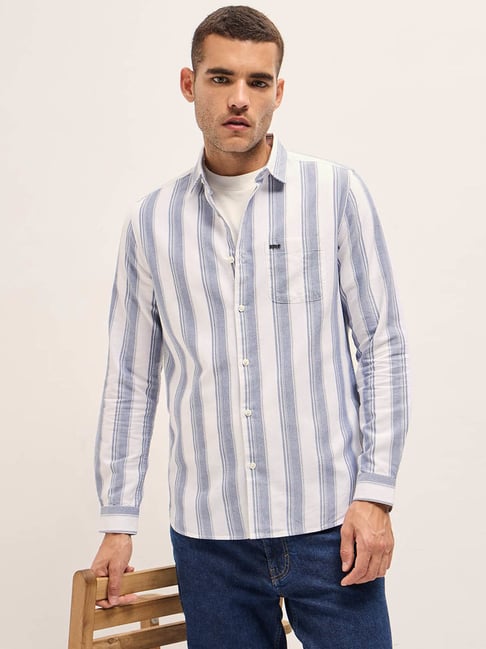 The Bear House Men's Blue Slim Fit Striped Long Sleeve Casual Shirt-picture-14