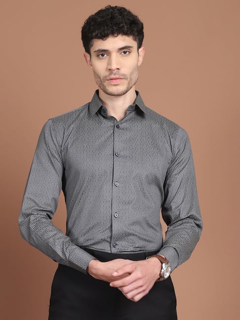 Indian Needle Grey Satin Regular Fit Printed Shirt