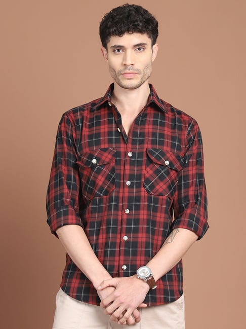 Indian Needle Maroon Cotton Regular Fit Checks Shirt-picture-32