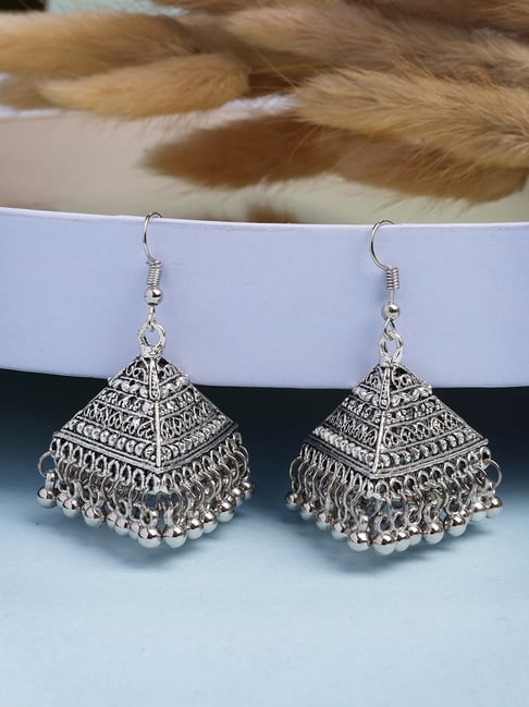 NVR Silver Plating Oxidized Triangular Shaped Hook Jhumki Earrings