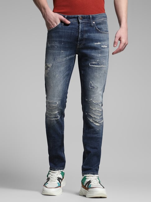 Jack Jones Light Blue Cotton Slim Fit Distressed Jeans