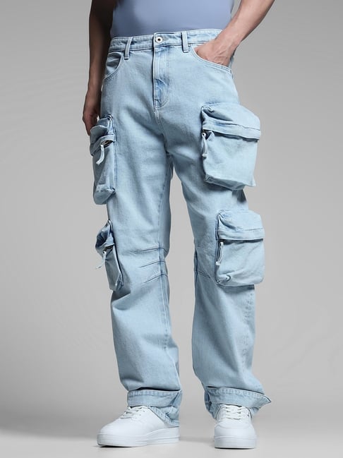 Jack Jones Light Blue Cotton Loose Fit Cargo Jeans