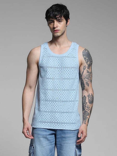 Jack & Jones Blue Cotton Regular Fit Textured Vest