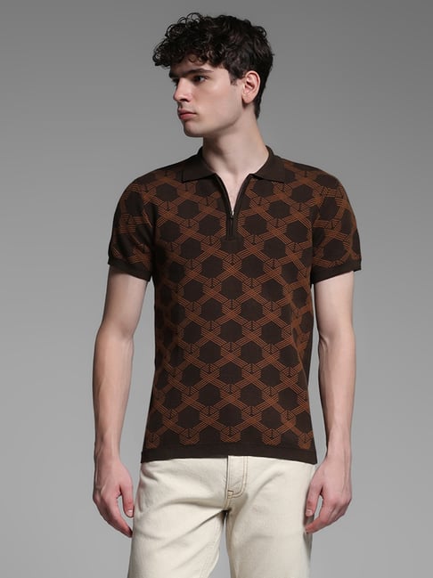 Jack Jones Brown Cotton Slim Fit Printed Polo T-Shirt