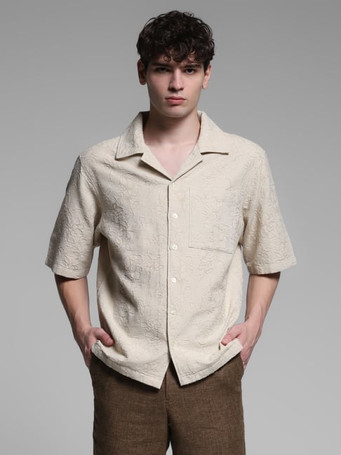 Jack & Jones Beige Cotton Loose Fit Embroidered Shirt-picture-36