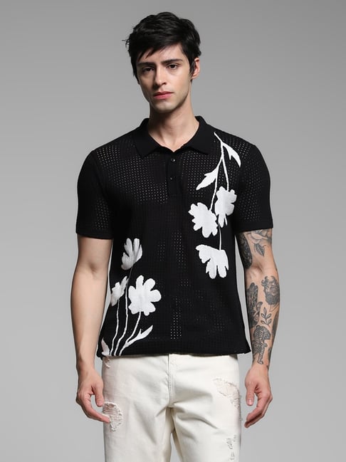 Jack & Jones Black Cotton Regular Fit Embroidered Polo T-Shirt