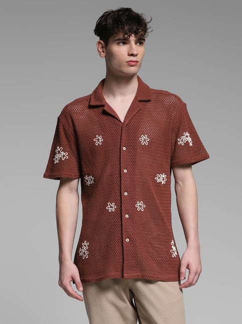 Jack & Jones Brown Cotton Comfort Fit Embroidered Shirt