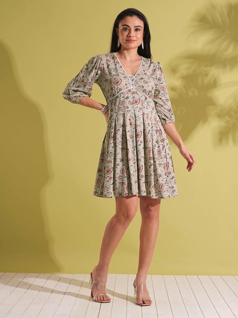 princess polly baby blue dress Printed V-Neck Pleated A-Line Dress
