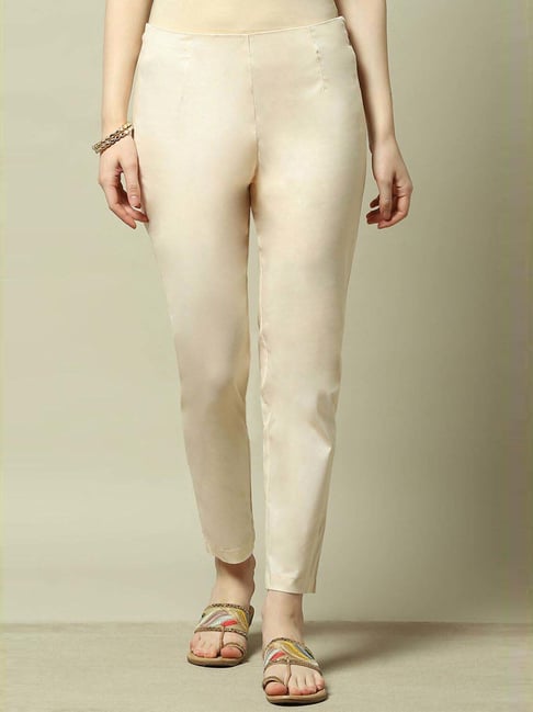 Rangriti Cream Cotton Slim Fit Trousers