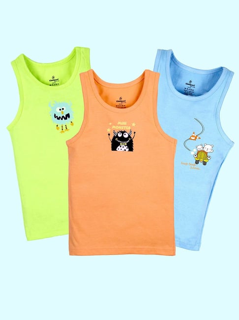 Kiddopanti Kids Boys Light Orange, Neon Green & Blue 100% Cotton Printed Vest (Pack Of 3)-picture-33