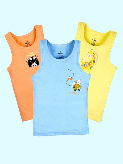Kiddopanti Kids Boys Light Orange, Yellow & Blue 100% Cotton Printed Vest (Pack Of 3)-picture-34