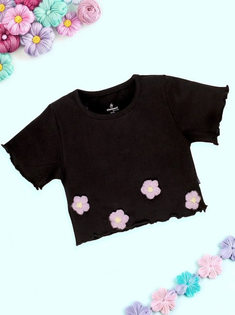 Kiddopanti Kids Girls Black Cotton Rib Crop Top With 3d Lavender Flower Crochet-picture-15