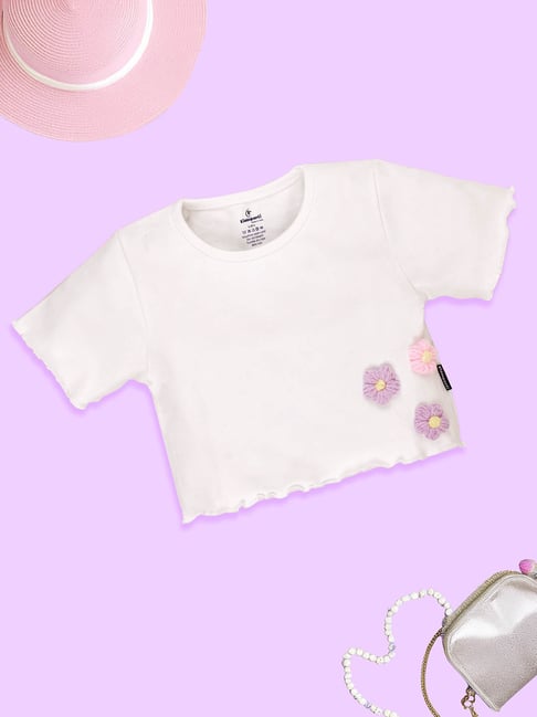 Kiddopanti Kids Girls White Cotton Rib Crop Top With 3d Flower Crochet-picture-14