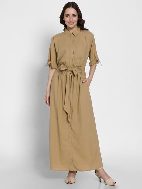 American Eagle Khaki Blended Solid Elbow Sleeves Midi Dress-image-0