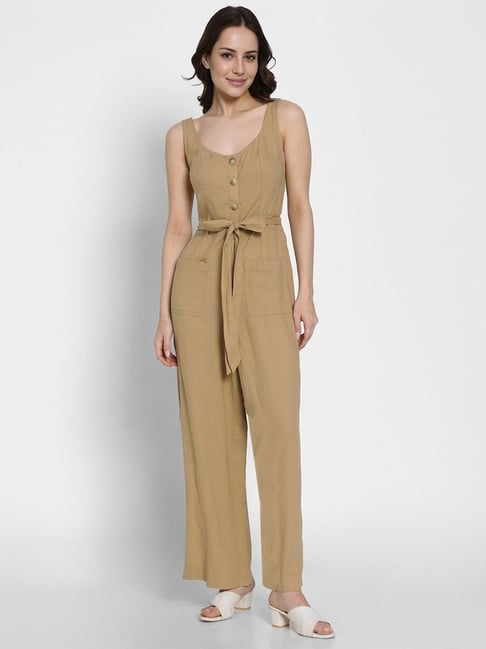 American Eagle Khaki Blended Solid Sleeveless Jumpsuit-picture-24