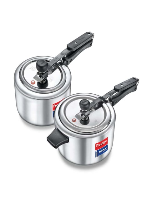 Prestige Tri-Ply Svachh Combi Pack of 2- 5 L, 3 L Inner Lid Induction Bottom Pressure Cooker Silver