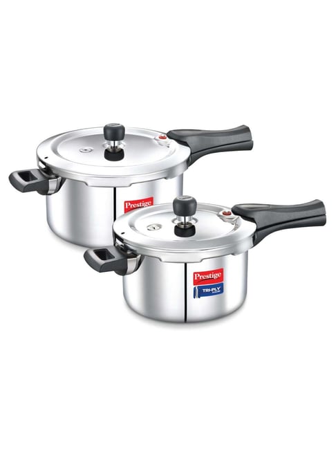 Prestige Tri-Ply Svachh Combi Pack of 2- 5 L, 3 L Outer Lid Induction Bottom Pressure Cooker Silver
