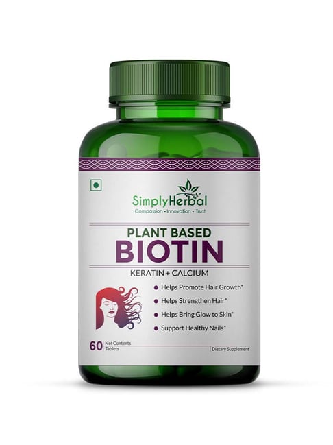 Simply Herbal Plant Based Biotin Tablets with Keratin for Men & Women, Calcium, Vitamn B7 Supplement
