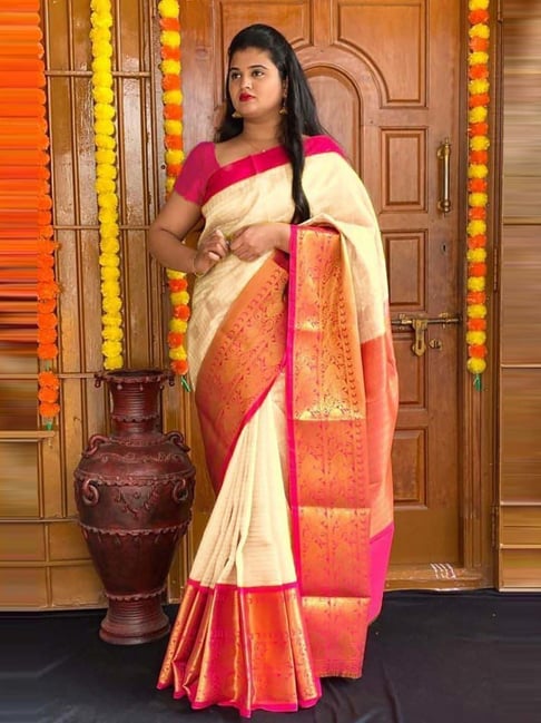 Anjaneya Sarees Beige Woven Design Saree with Unstitched Blouse-picture-34