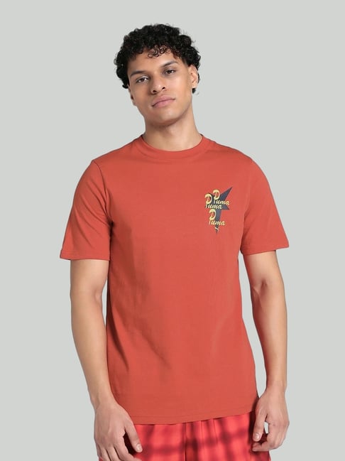 Puma Red Cotton Regular Fit Printed T-Shirt