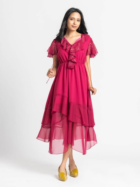 Buy SHAYE Dark Pink V-Neck Solid Short Sleeves Dress For Women Online @  Tata CLiQ