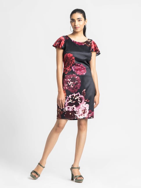 SHAYE Black Scoop Neck Floral Print Short Sleeves Casual Dress For Women-picture-21