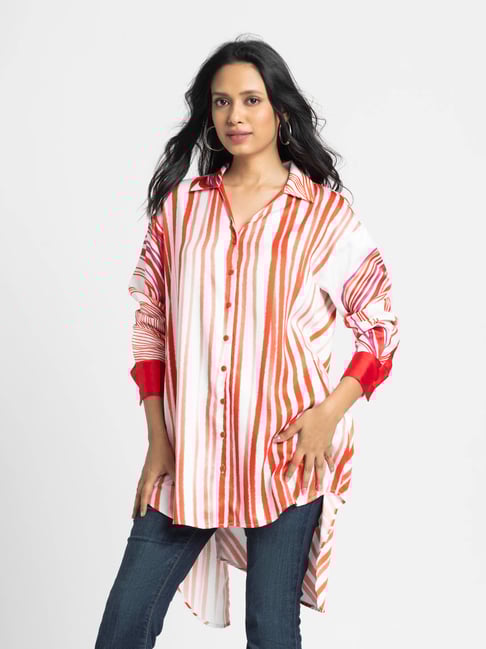 SHAYE Red Spread Collar Stripe Print Full Sleeves Casual Oversized Shirt For Women-picture-24