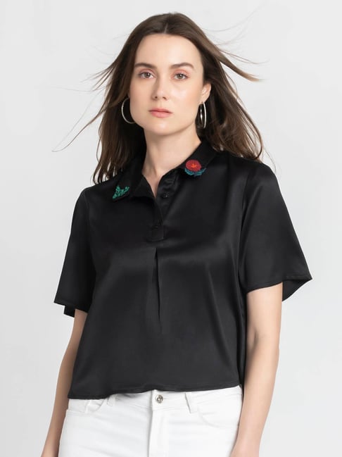 Buy SHAYE Shirt Collar Black Embroidered Short Sleeves Casual Tops
