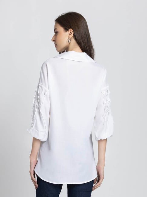 she®️®️y Buy SHAYE White V-Neck Solid Full Sleeves Casual Tops For Women