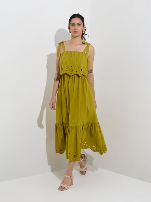 LOV by Westside Olive Schiffli Detailed Cotton Tiered Dress