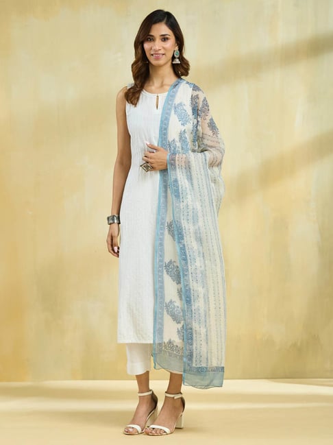 Fabindia White & Blue Cotton Silk Hand Block Printed Dupatta-picture-30