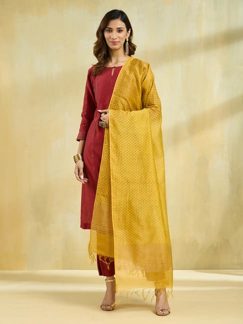 Fabindia Mustard Cotton Silk Blend Block Printed Dupatta-picture-48