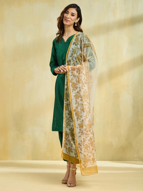 Fabindia White & Yellow Cotton Silk Hand Block Printed Dupatta-picture-34