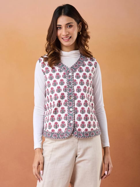 Fabindia White & Pink Cotton Hand Block Printed Jacket-picture-14