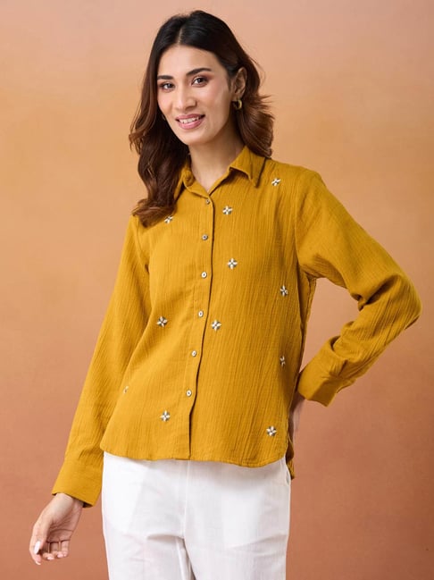 Fabindia Mustard Cotton Embroidered Shirt-picture-11