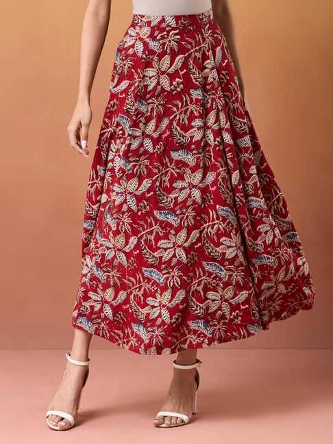 Fabindia Red Viscose Kalamkari Printed Midi Skirt