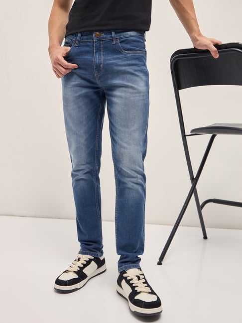 the bear house blue cotton slim fit solid jeans