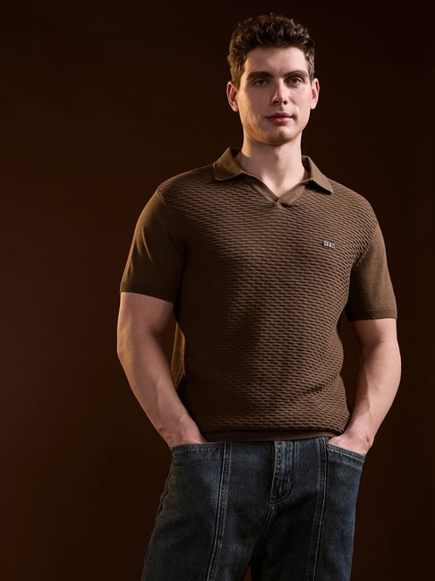 The Bear House Brown Cotton Slim Fit Textured Polo T-Shirt
