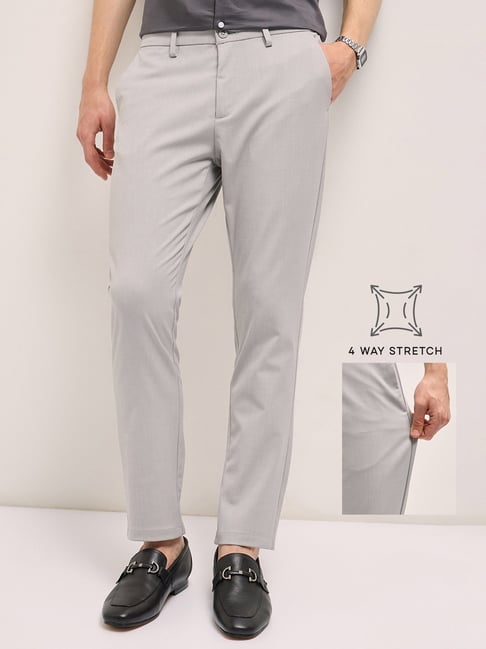 The Bear House Grey Polyester Slim Fit Solid Formal Trousers