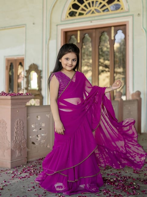 Cutiediva Girls Pink Over Dyed Saree & Blouse Set