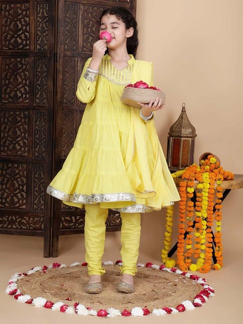 Cutiediva Girls Yellow Cotton Printed Kurta & Churidar Set-picture-20