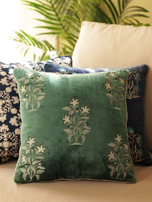 Pure Home and Living Green Velvet Floral Embroidery Cushion Cover