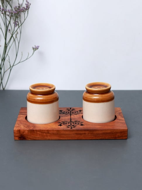 Unravel India Multicolor Ceramic Salt & Pepper Shaker with Sheesham Wood Base Tray