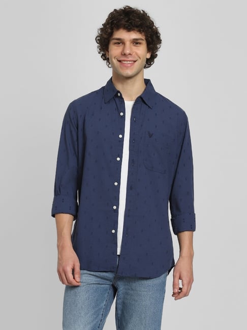 American Eagle Navy Cotton Slim fit Embroidered Shirt-picture-11