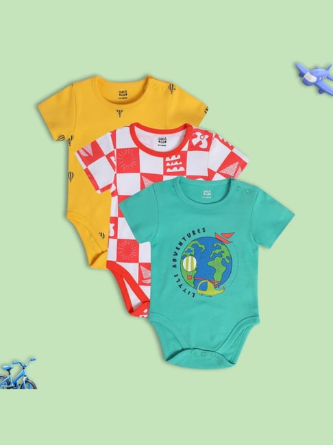 MINIKLUB Orange, Green Red New Born And Baby Boys Short Sleeve Body Suit